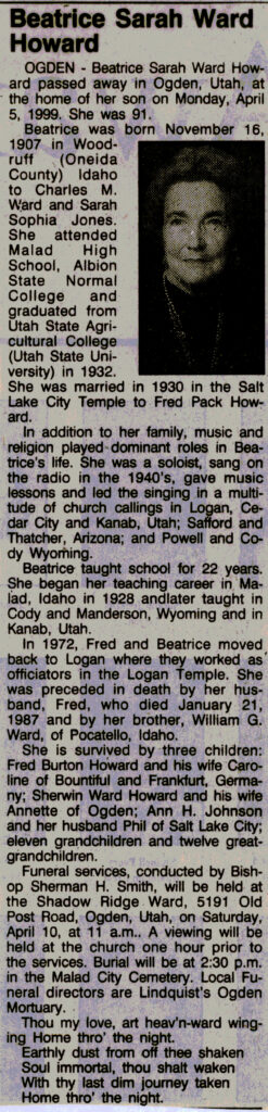 Beatrice Sarah Ward Howard obit