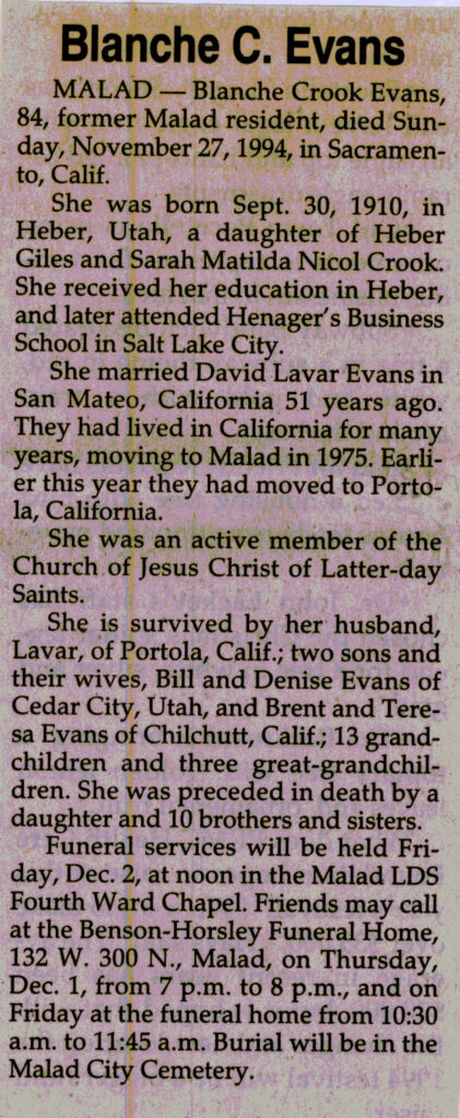 Blanche Crook Evans obituary
