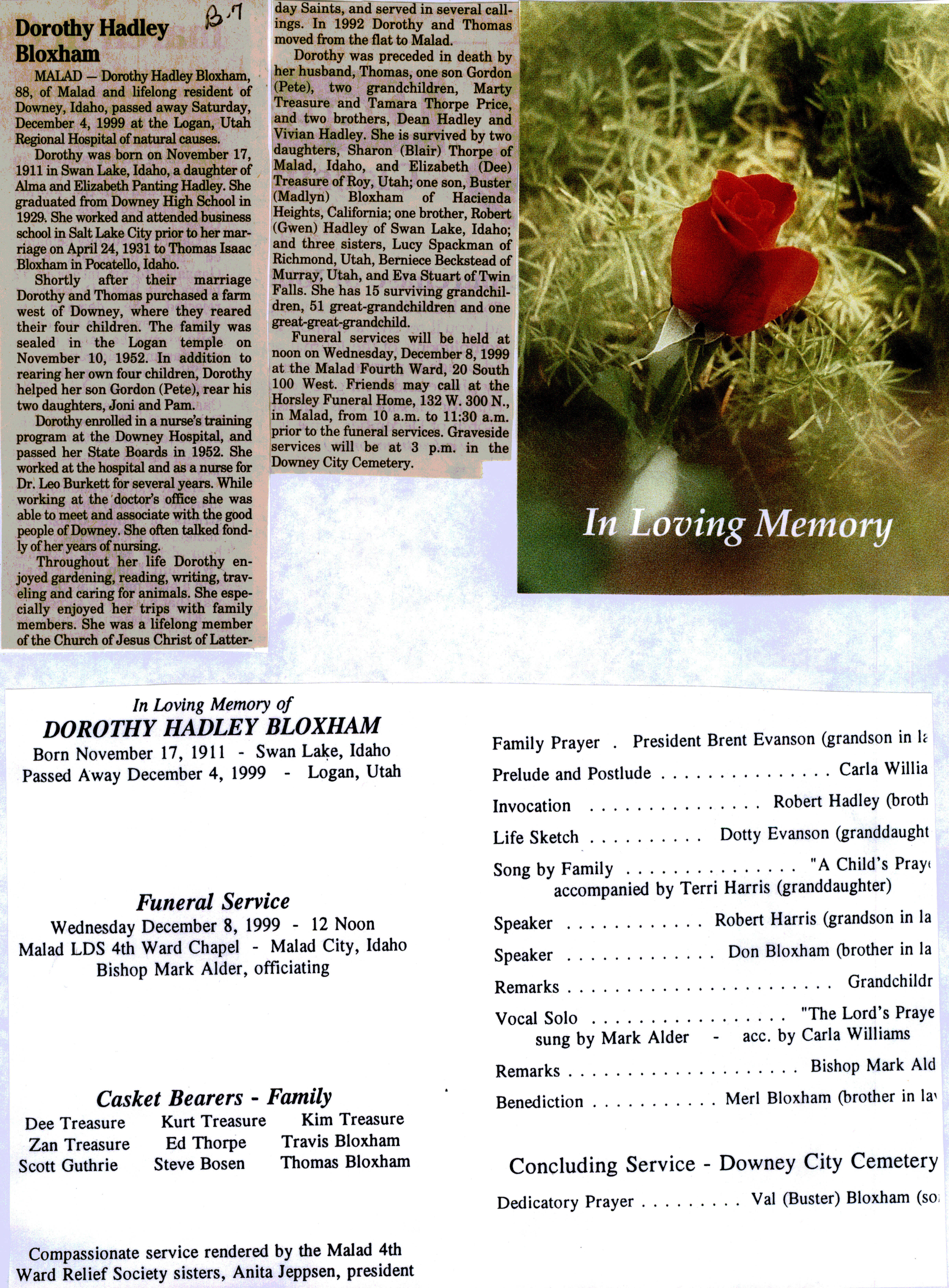 Dorothy Hadley Bloxham obituary and program