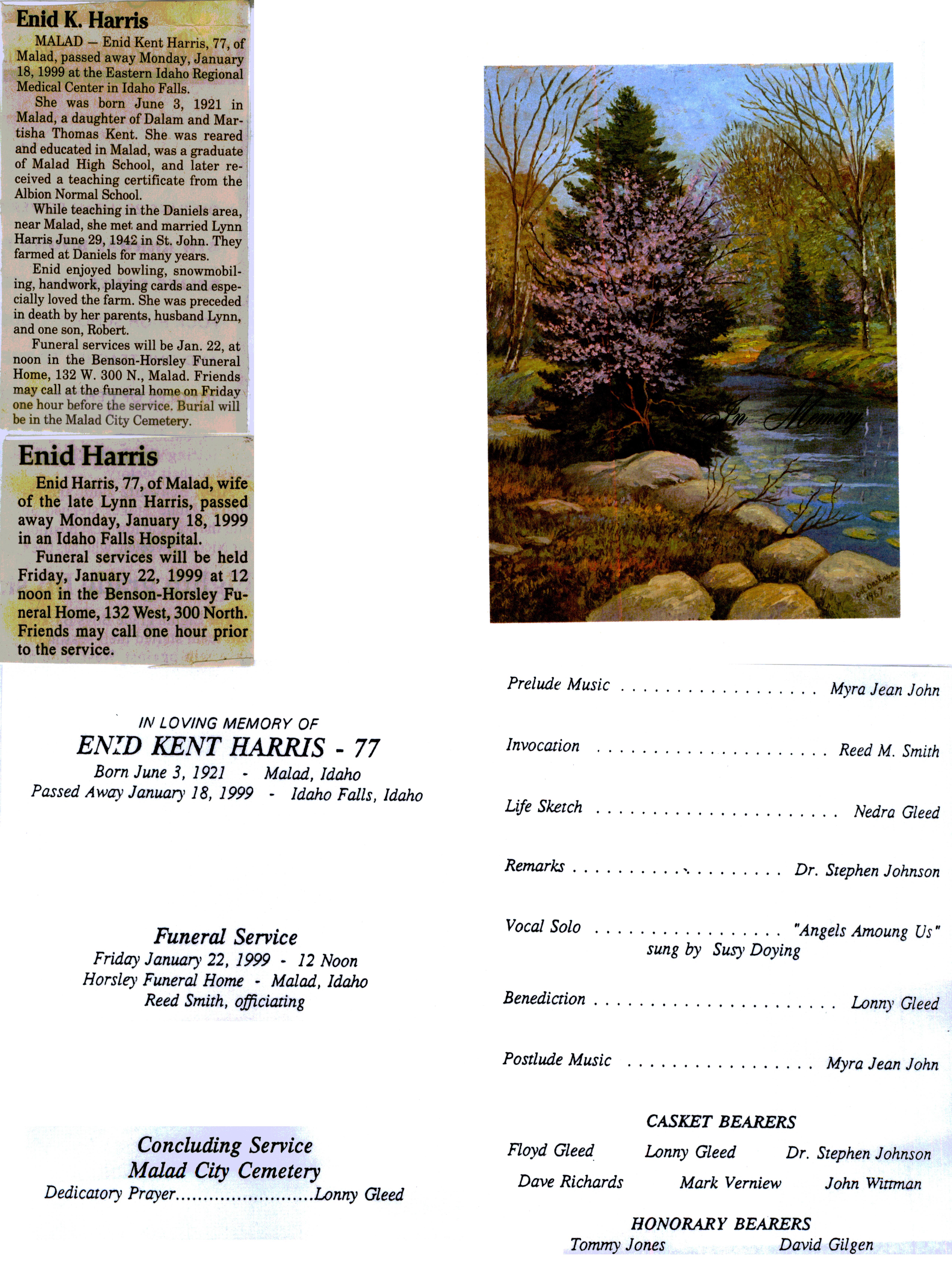 Enid Kent Harris obit and program