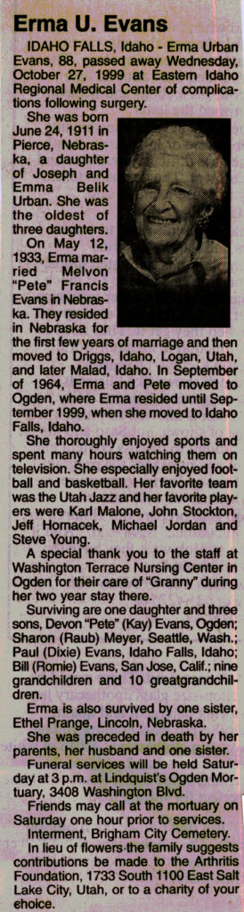 Erma Urban Evans obit