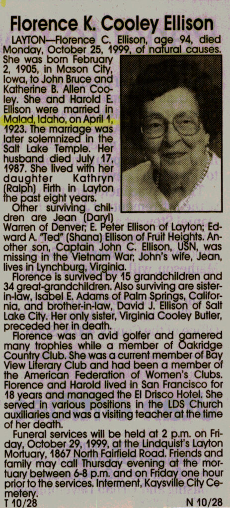 Florence K. Cooley Ellison obit