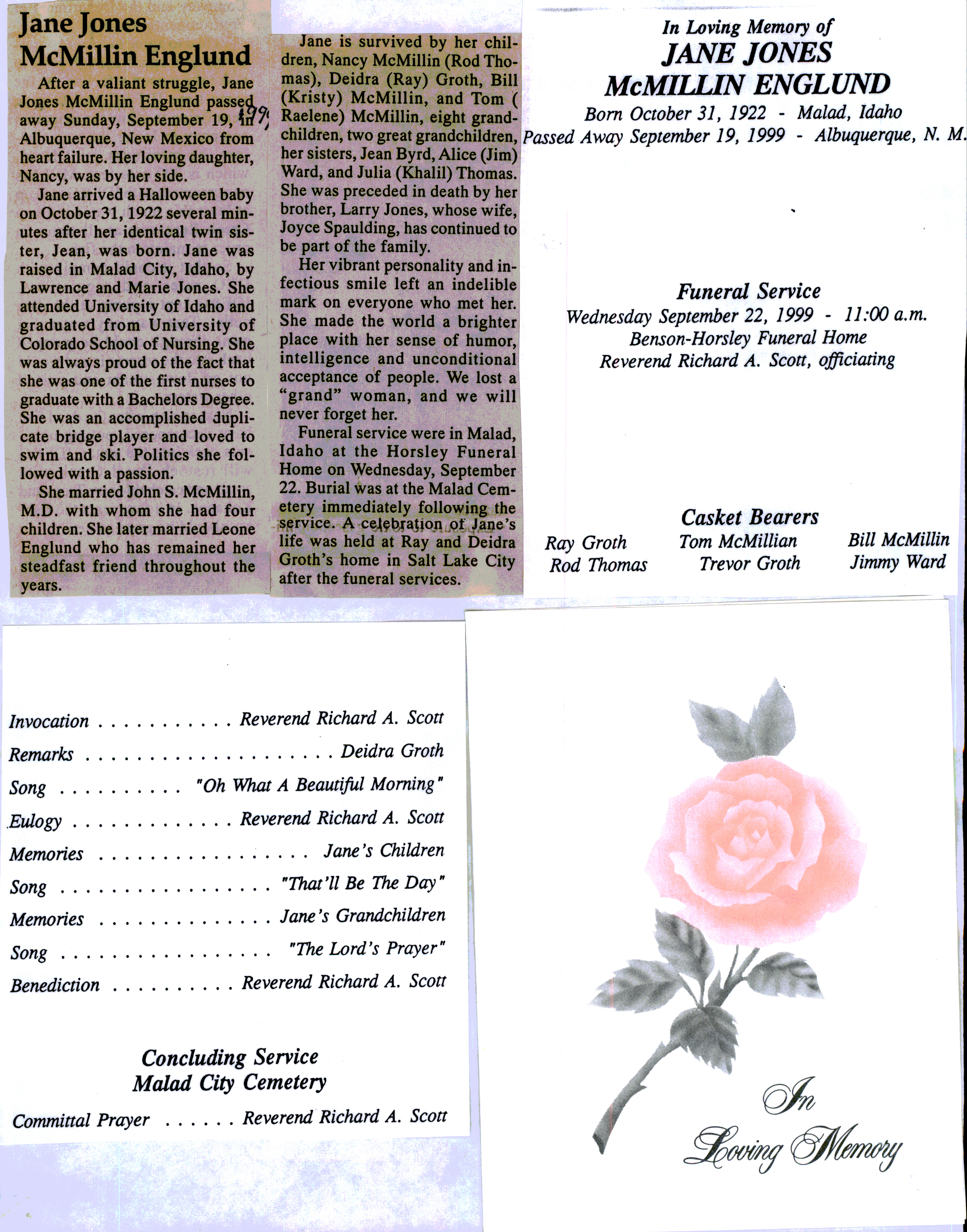 Jane Jones McMillin Englund obit and program