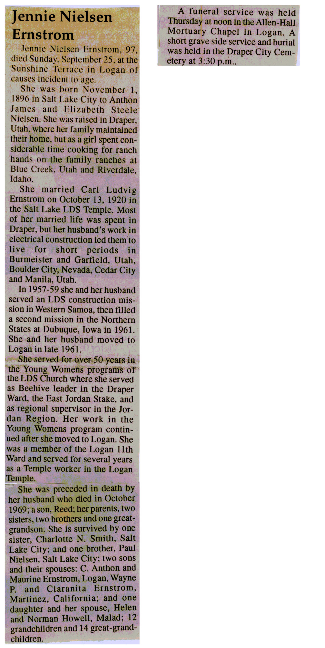 Jennie Nielsen Ernstrom obituary