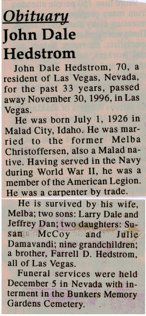 John Dale Hedstrom obituary