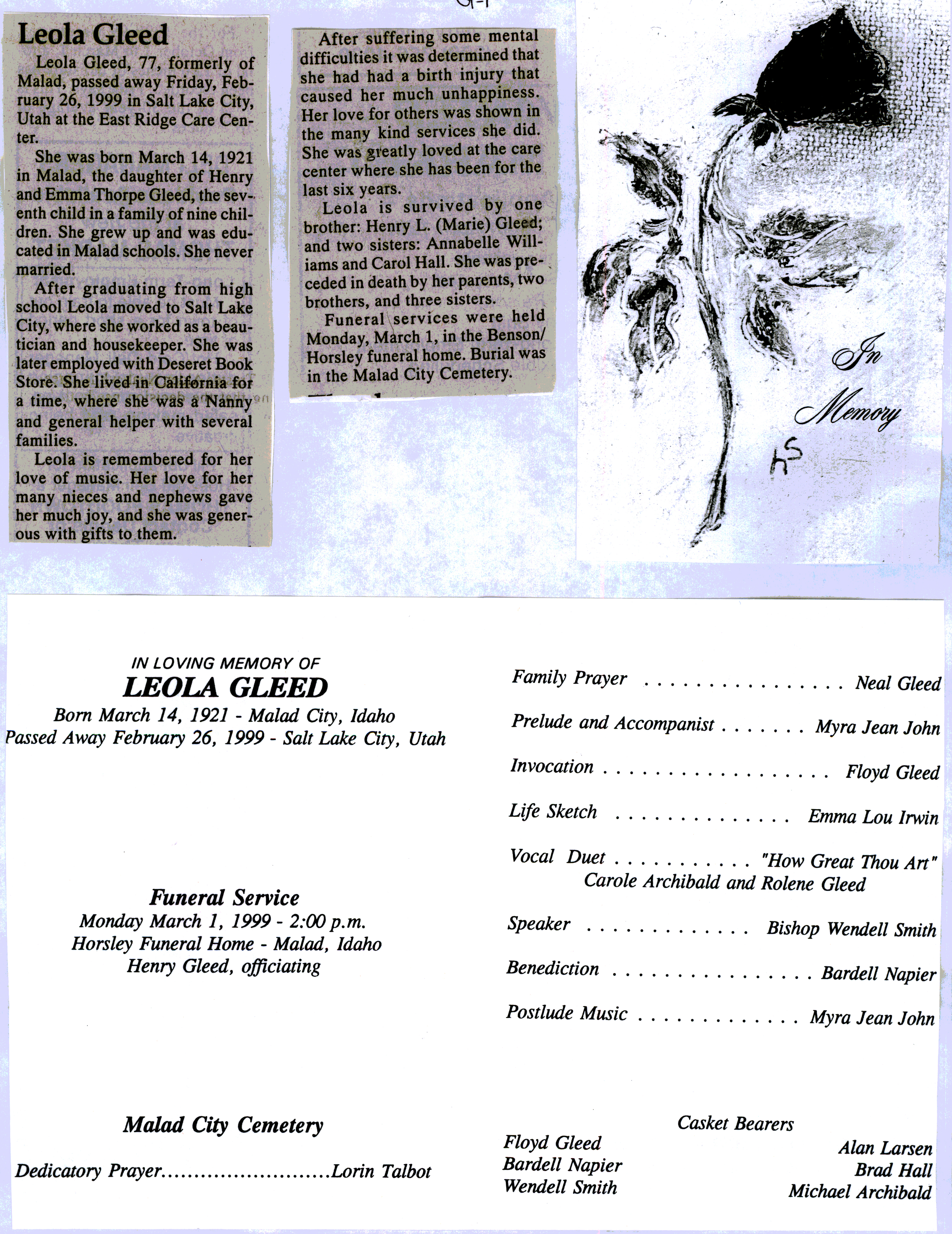 Leola Gleed obit and program