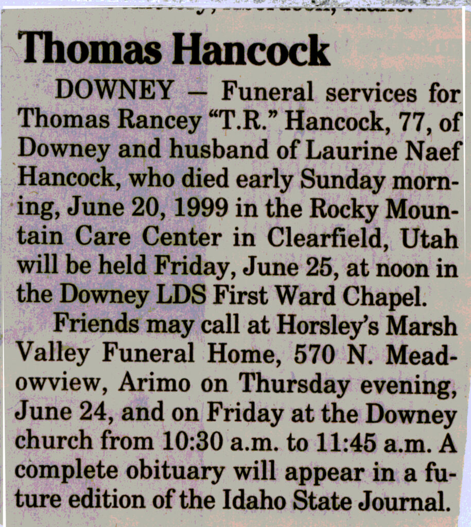 Thomas Rancey (TR) Hancock obit