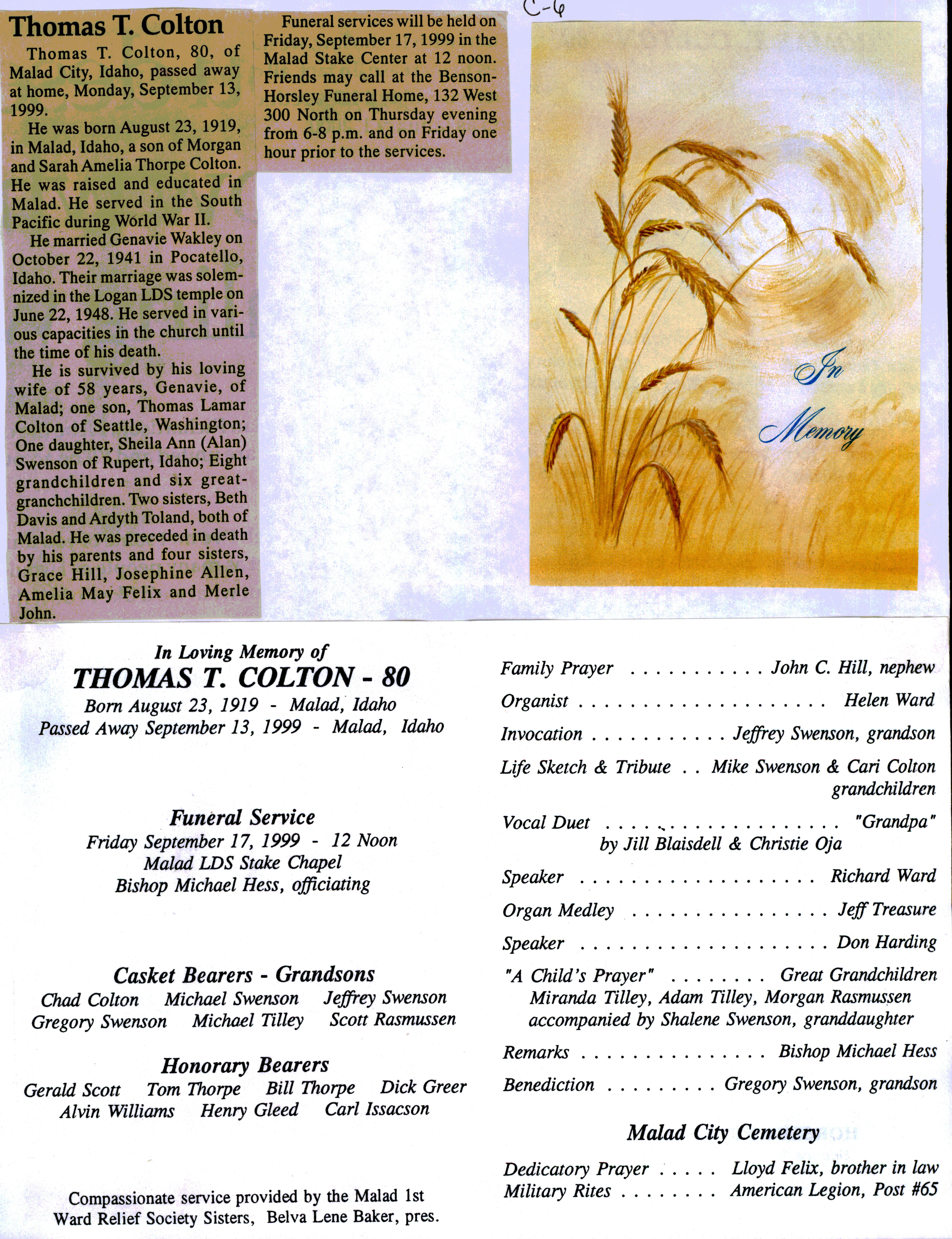 Thomas T Colton obit and program