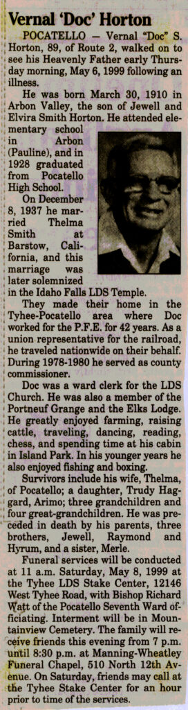 Vernal (Doc) S Horton obit