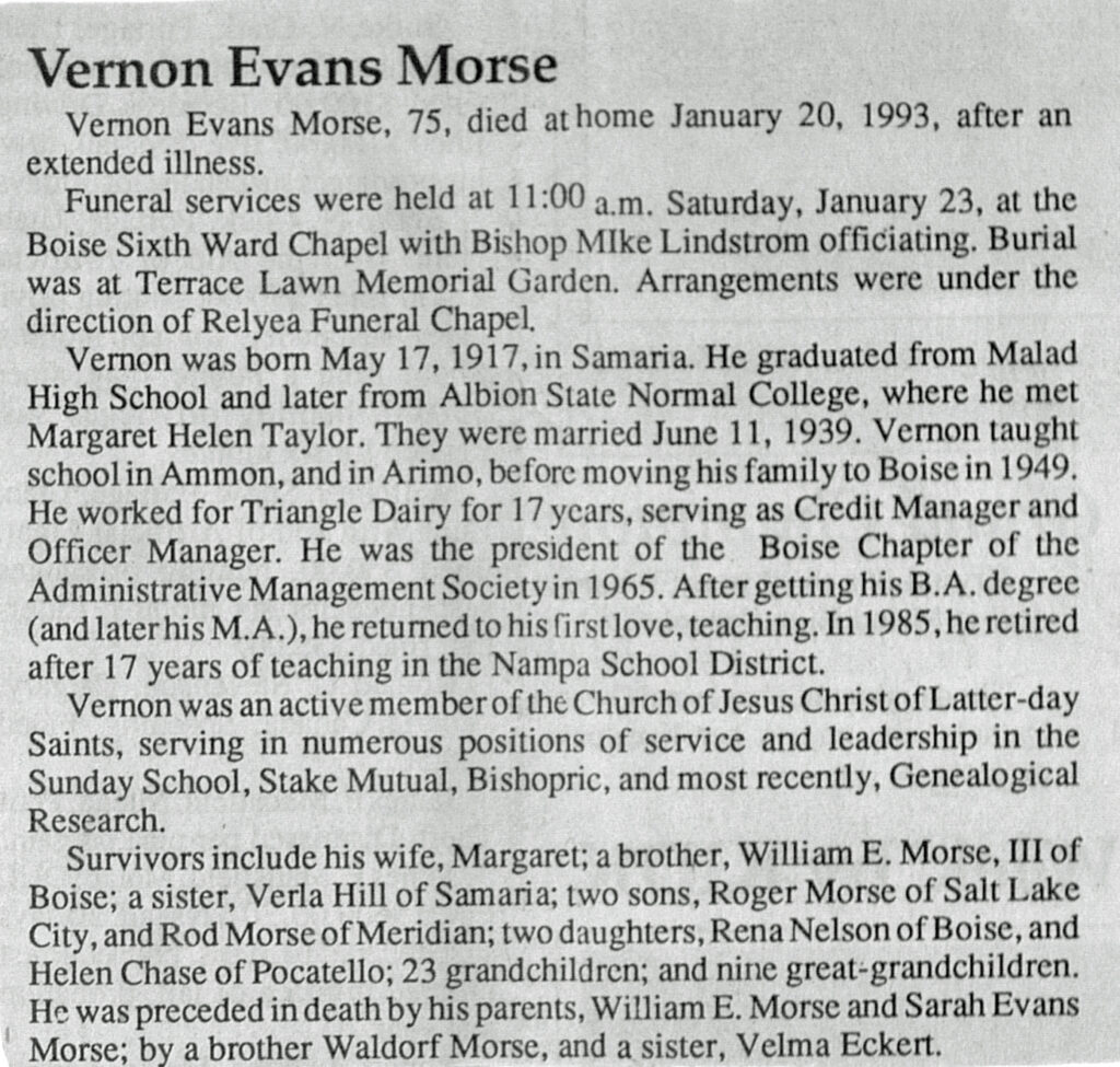 Vernon Evans Morse obituary