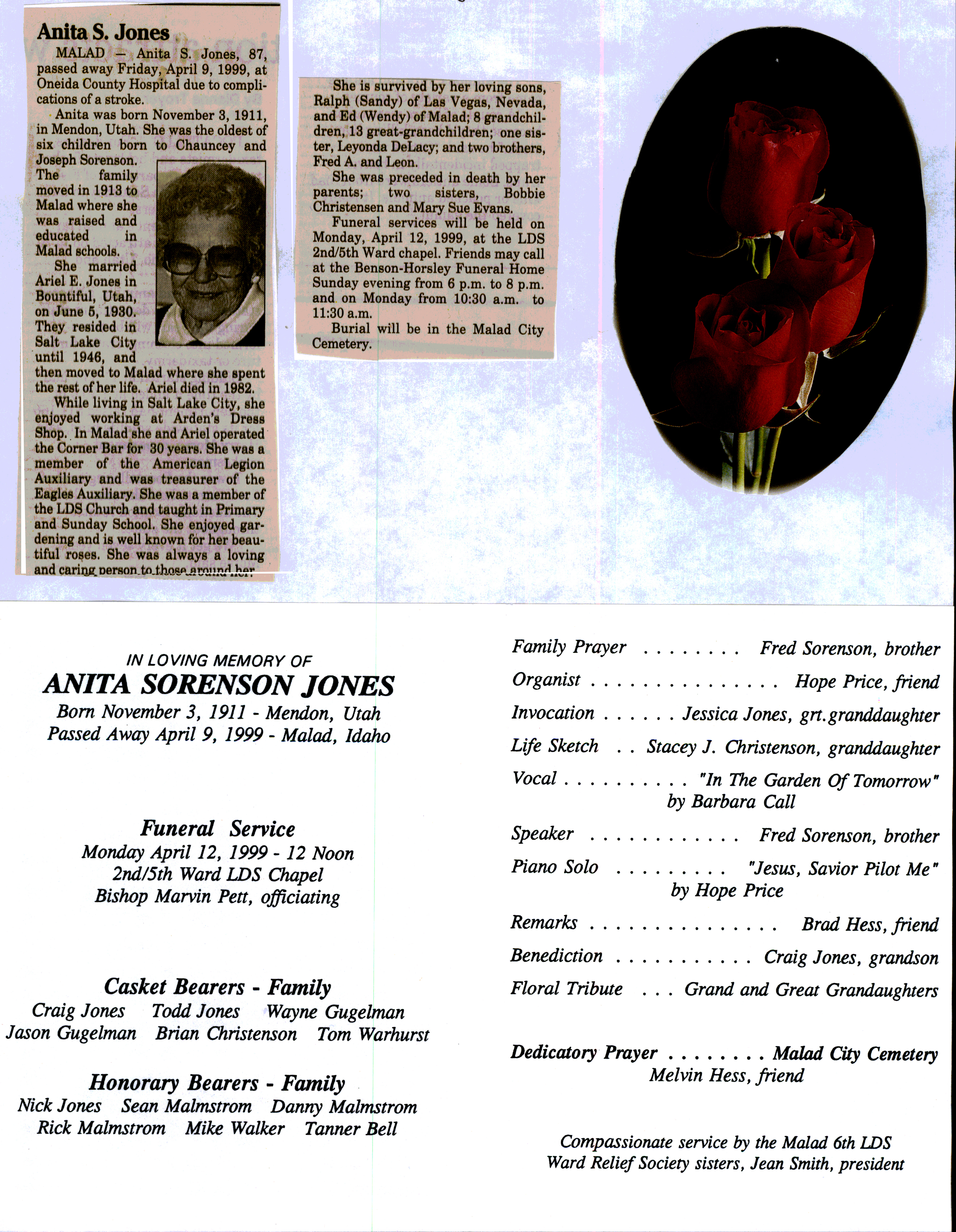 Anita Sorenson Jones obit and program
