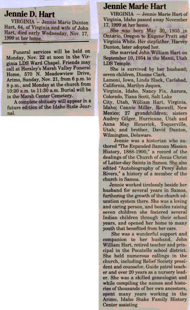 Jennie Marie Dunton Hart obit