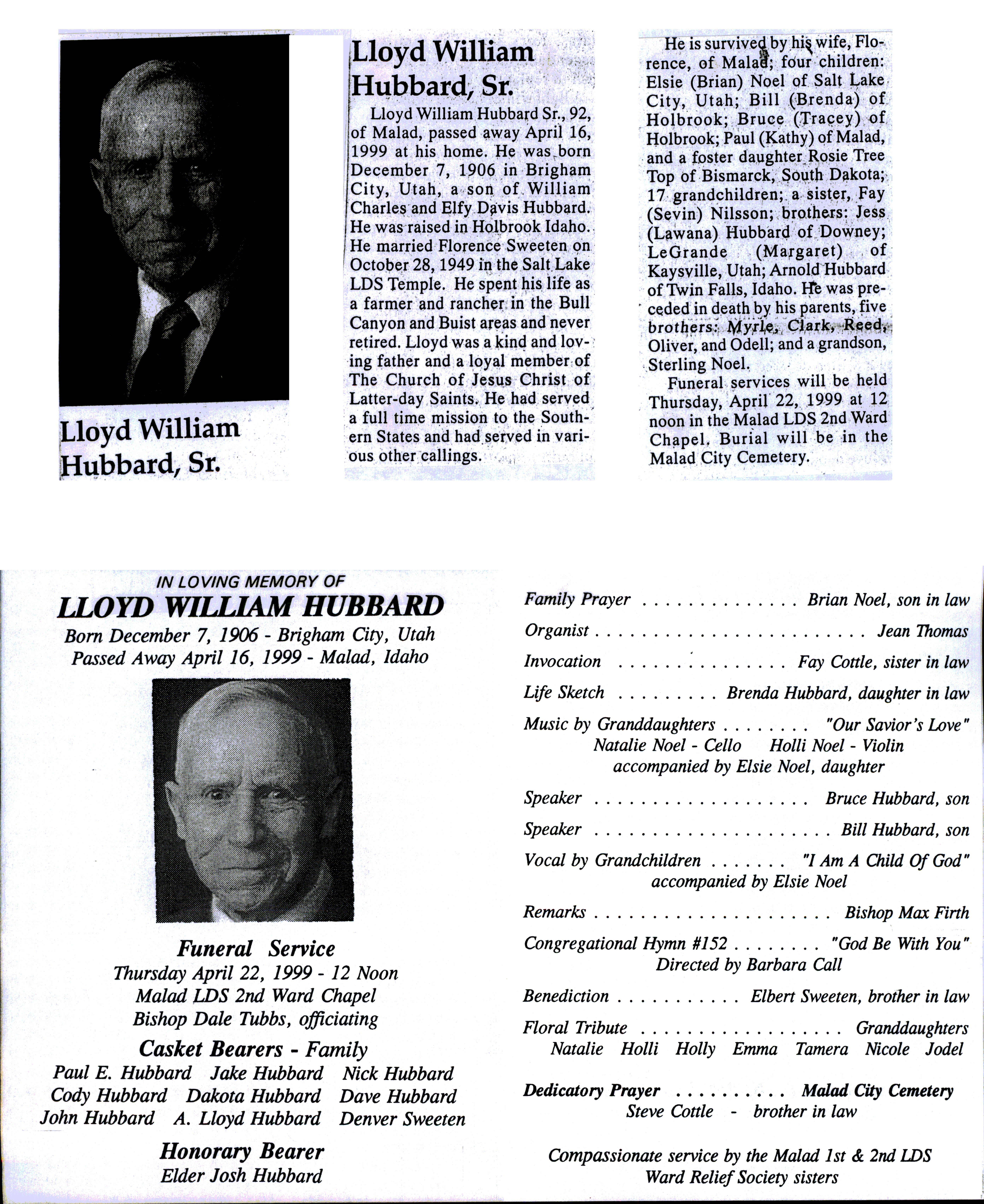 Lloyd William Hubbard Sr. obit and program