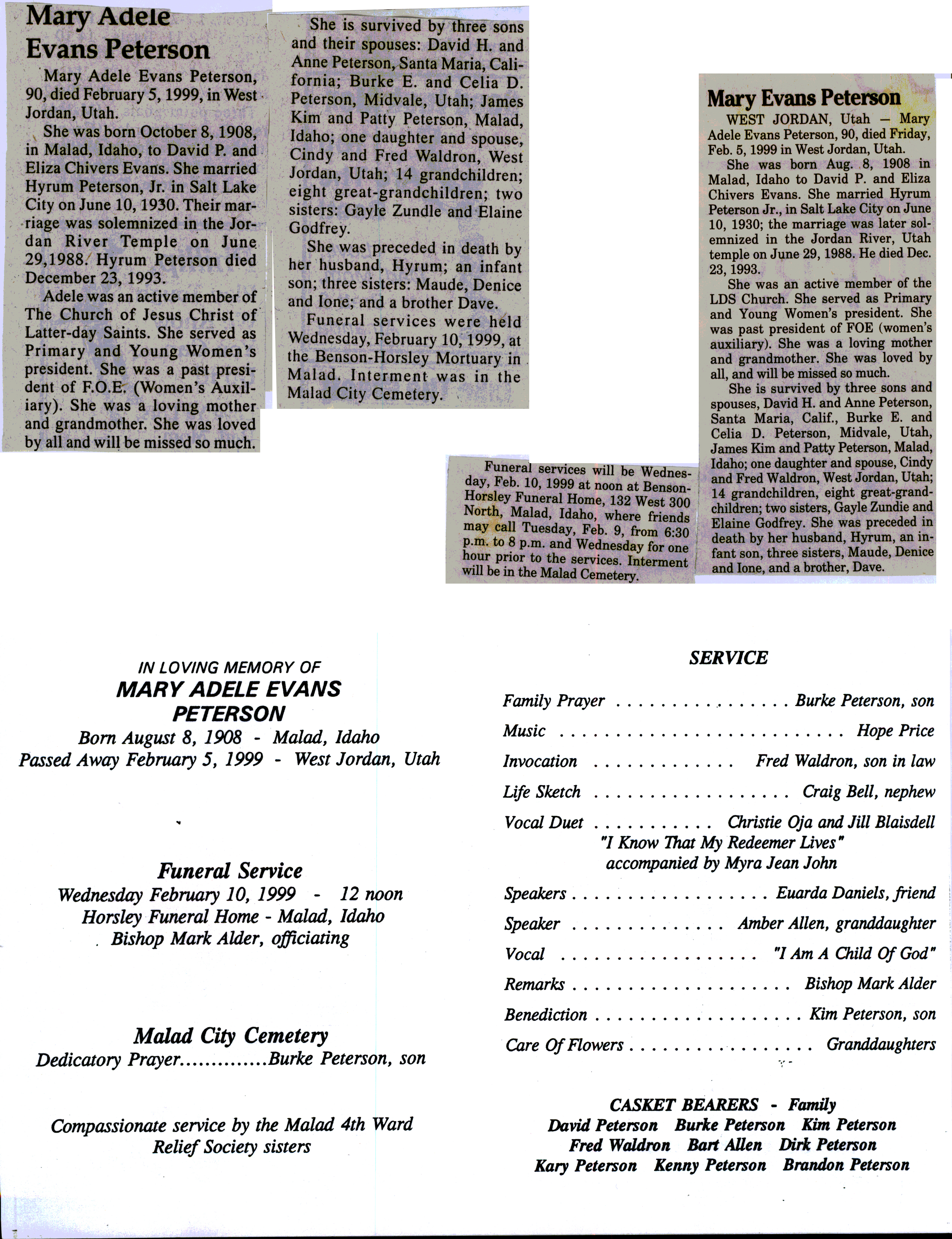 Mary Adele Evans Peterson obit and program