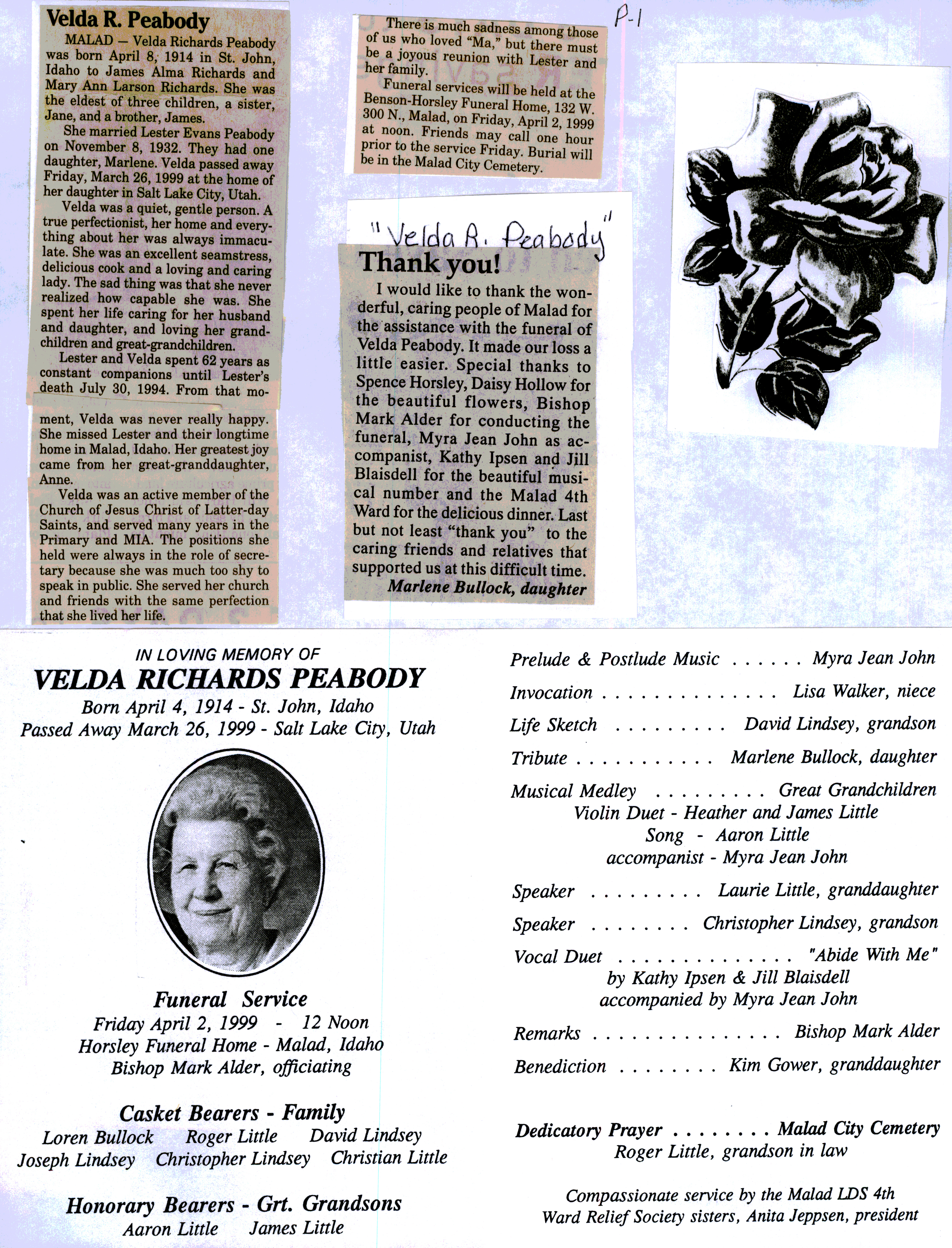 Velda Richards Peabody obit and program
