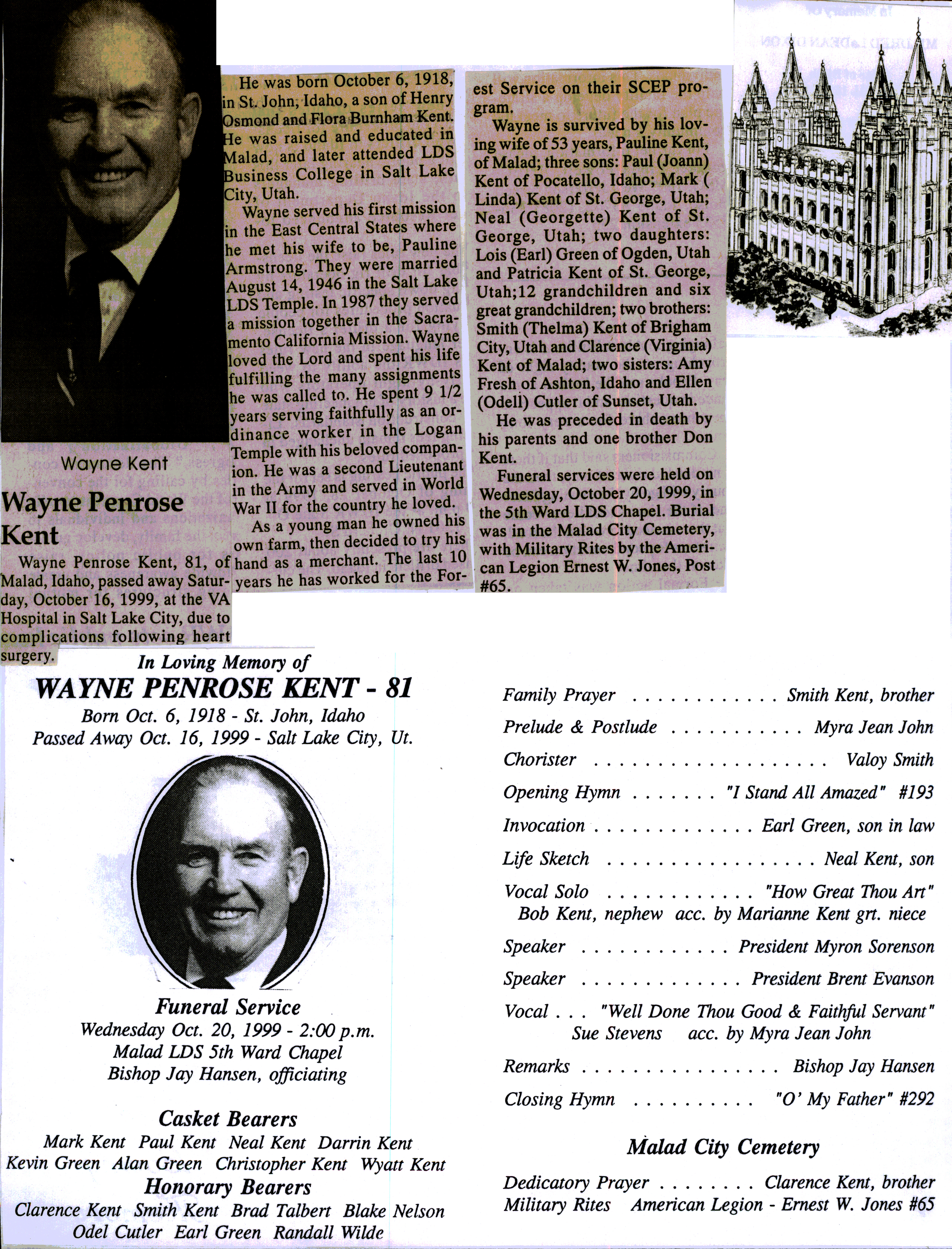 Wayne Penrose Kent obit and program