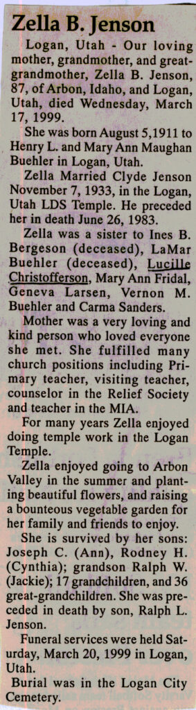 Zella Buehler Jenson obit