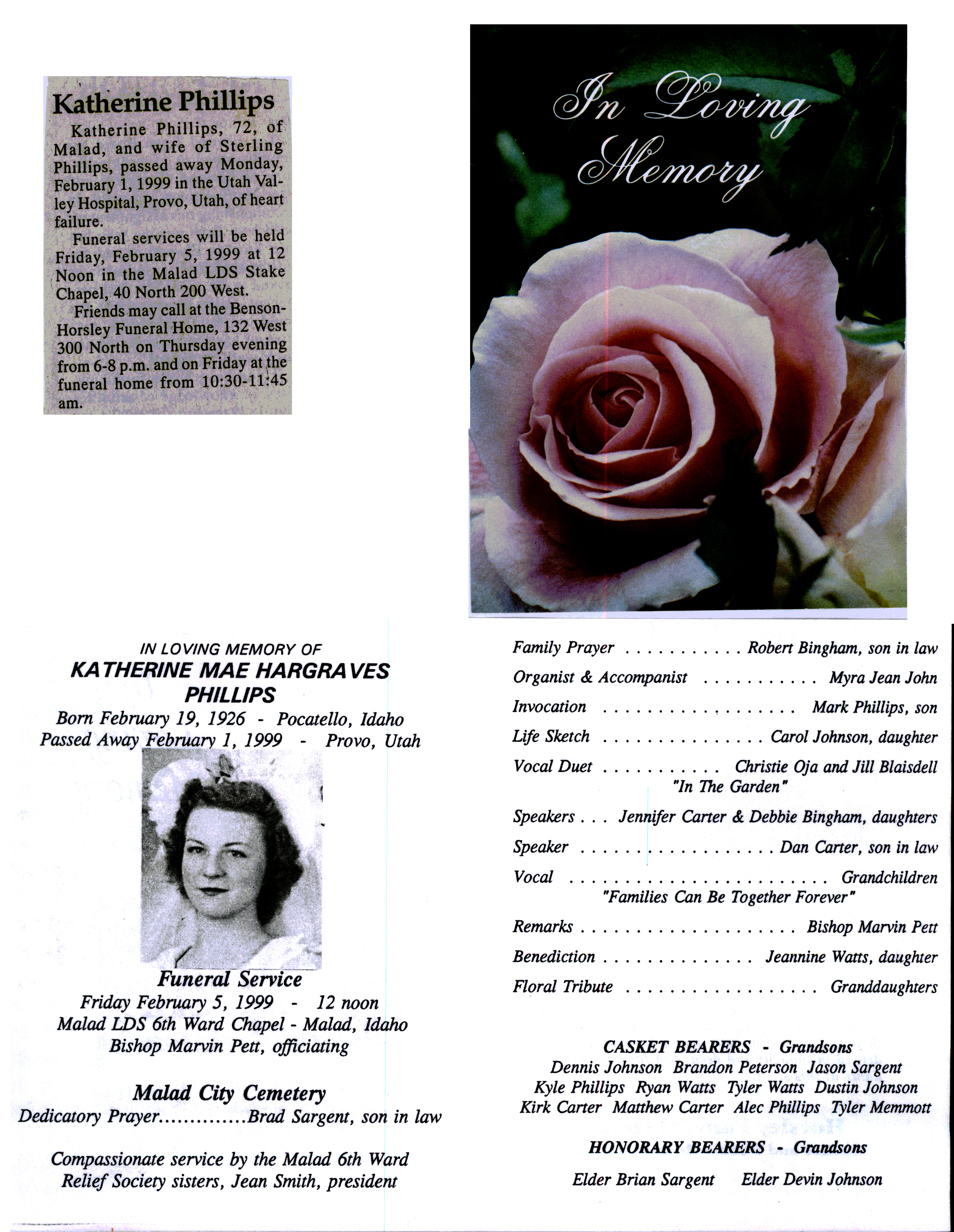 Katherine Mae Hargraves Phillips obit and program