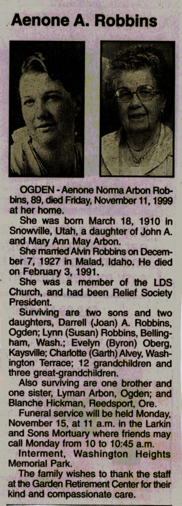 Aenone Norma Arbon Robbins obit