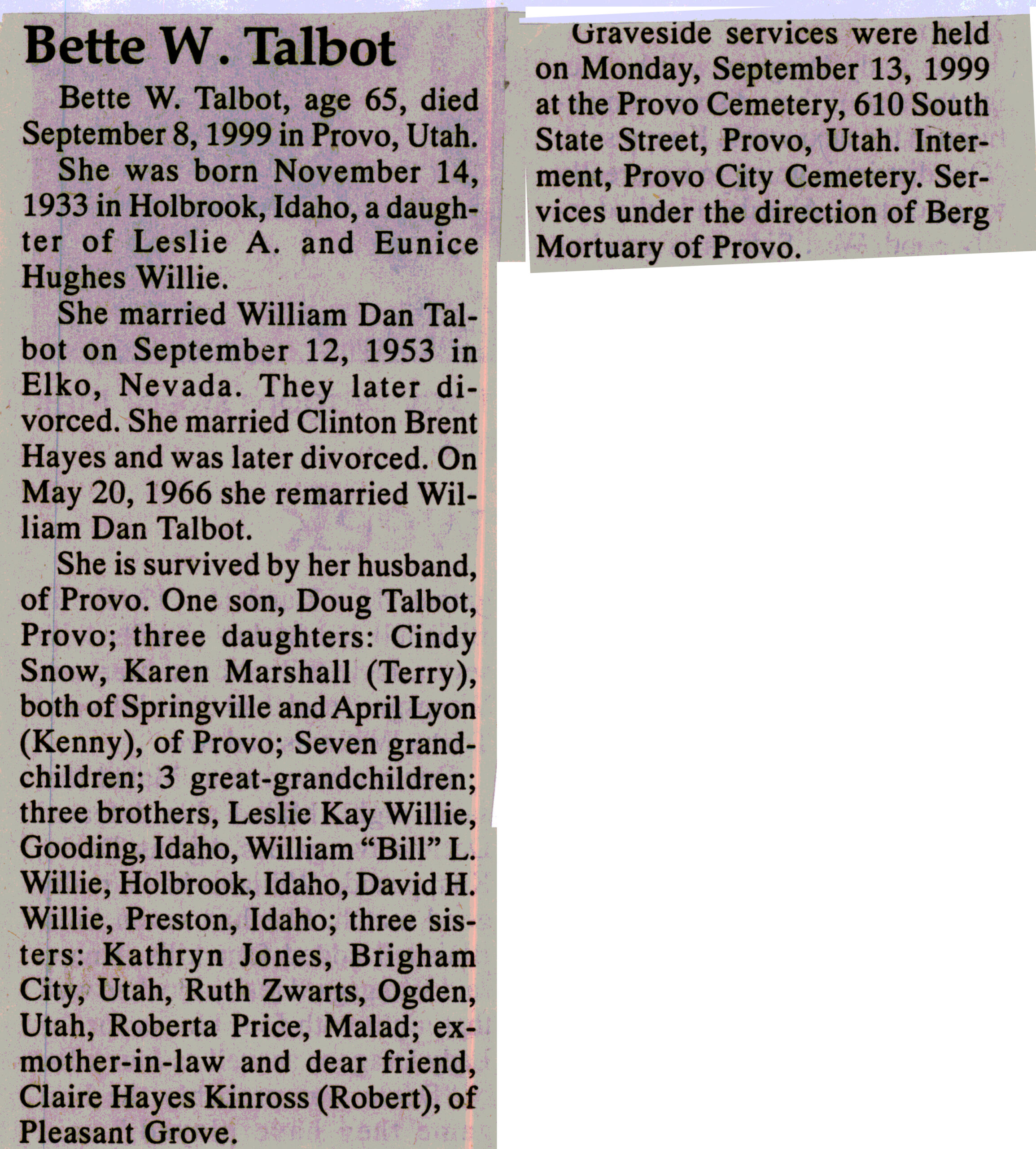 Bette W Talbot obit