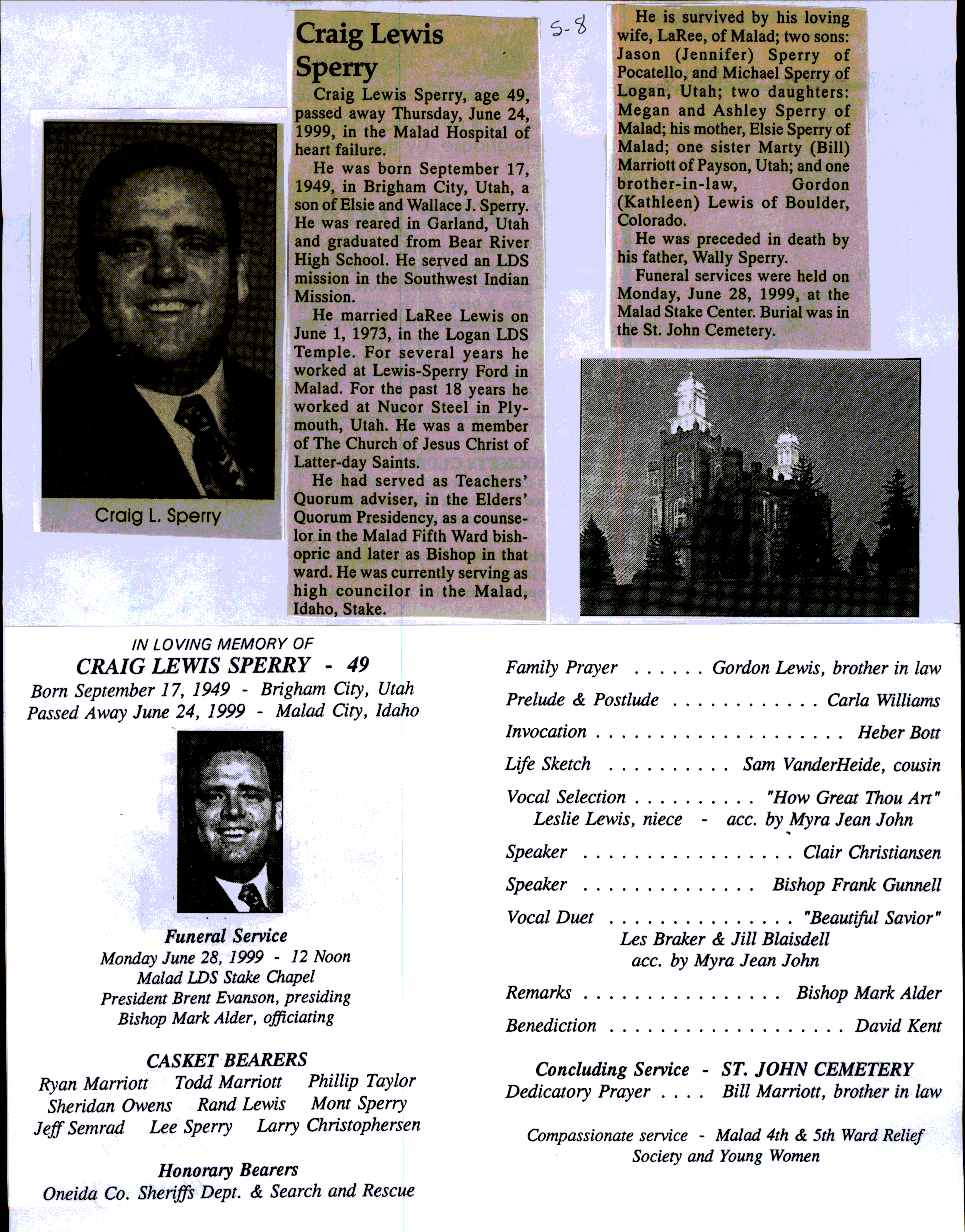 Craig Lewis Sperry obit and program