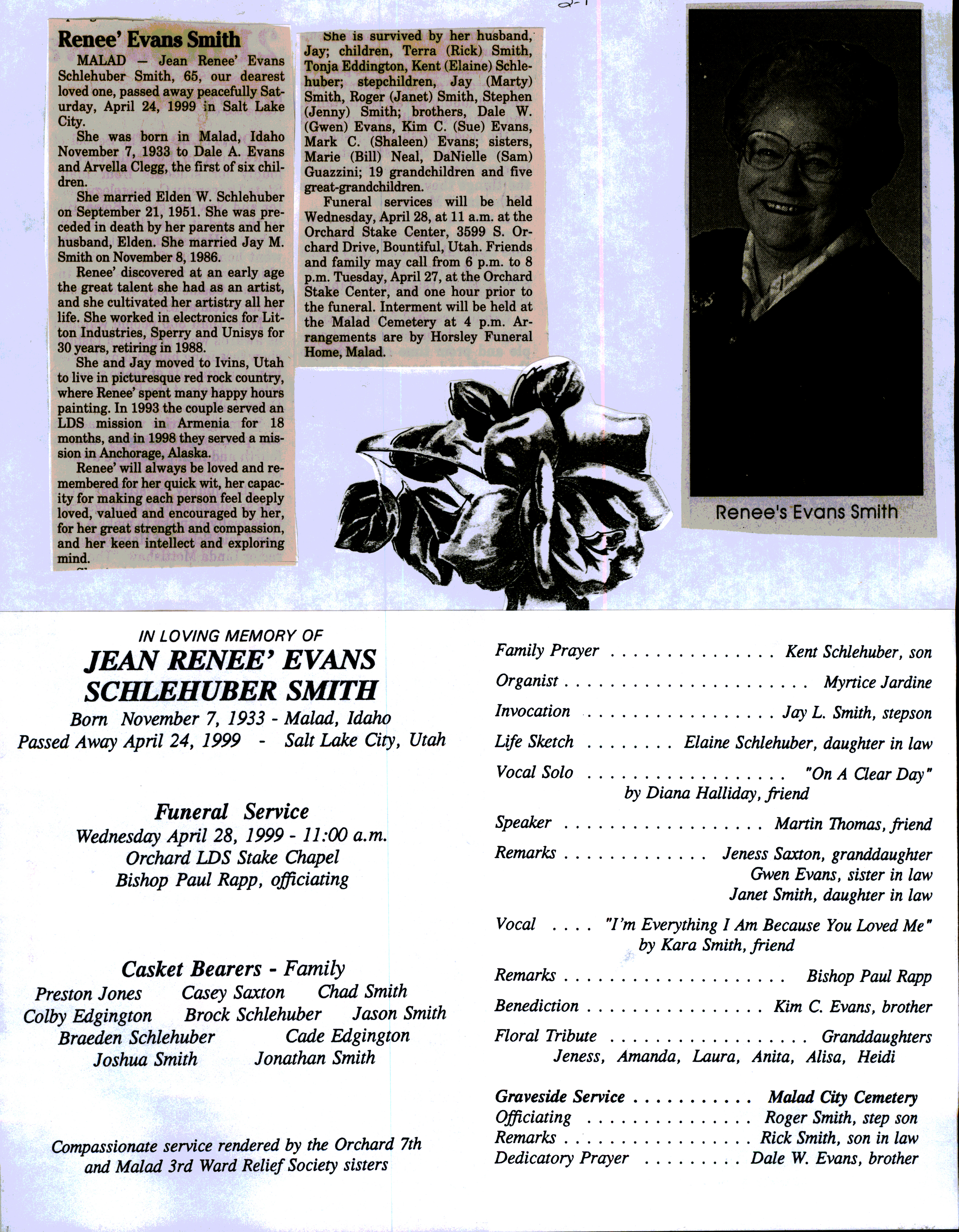 Jean Renee' Evans Schlehuber Smith obit and program