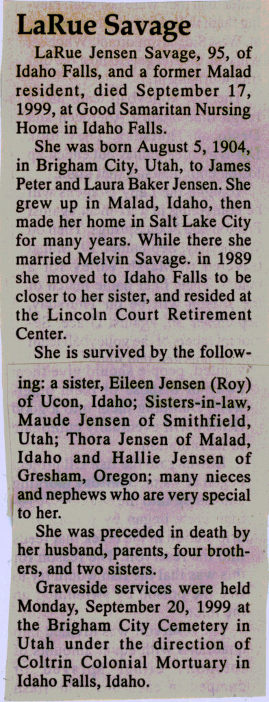 LaRue Jensen Savage obit