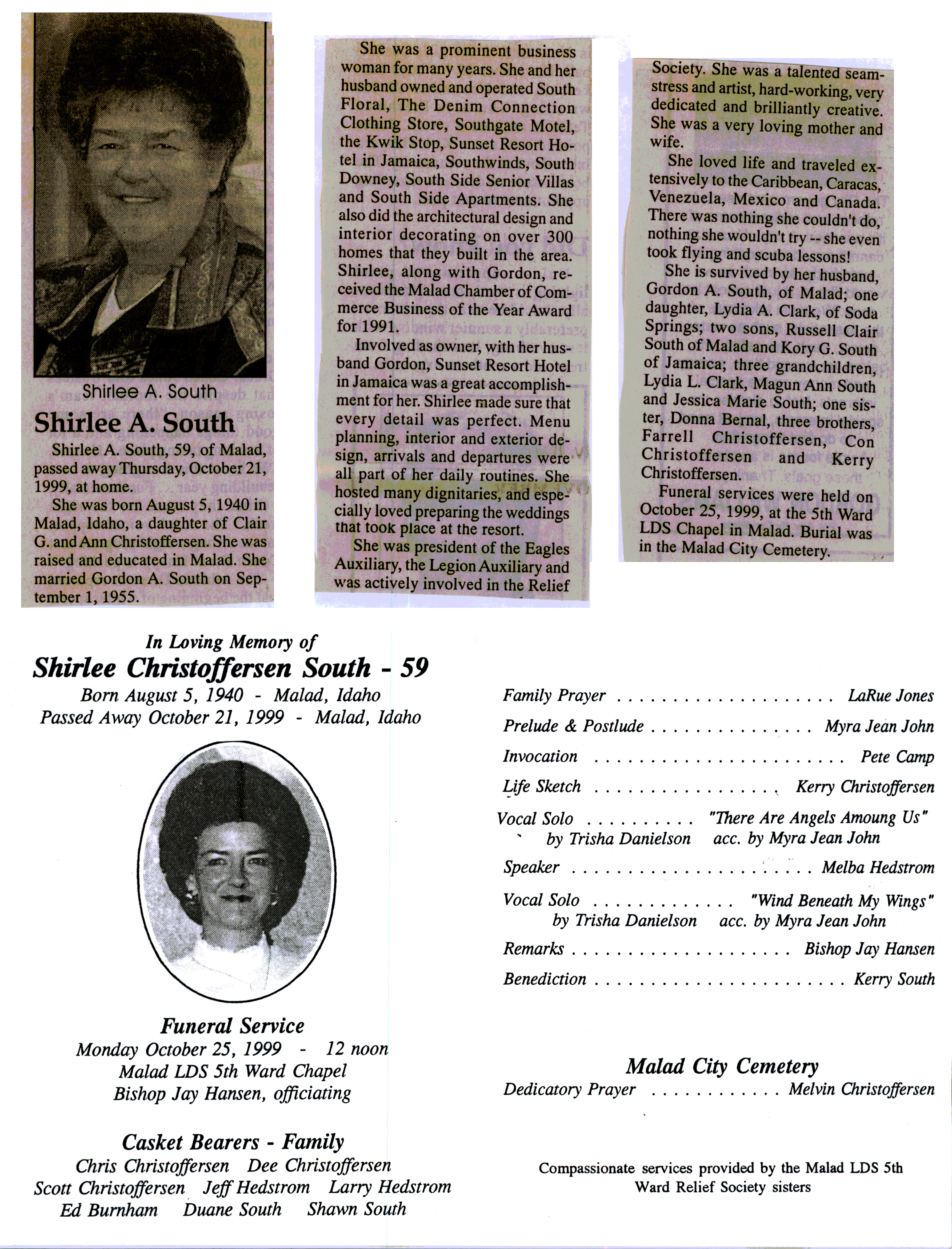 Shirlee A Christoffersen South obit and program