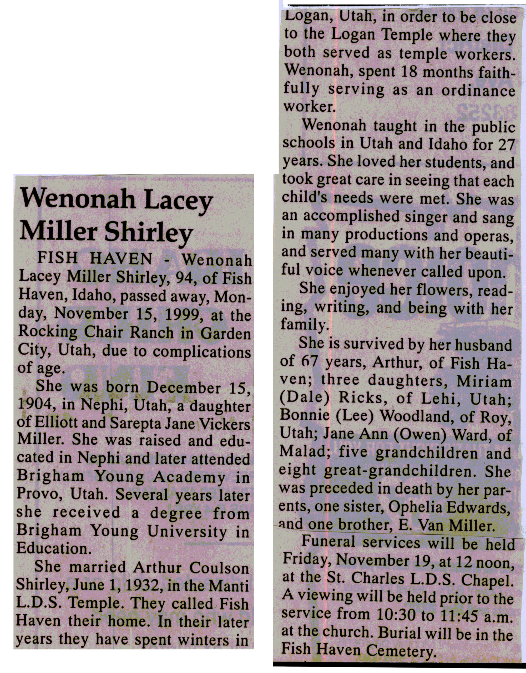 Wenonah Lacey Miller Shirley obit