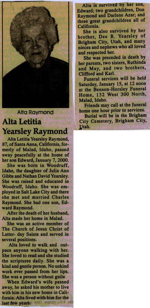Alta Letitia Yearsley Raymond obit