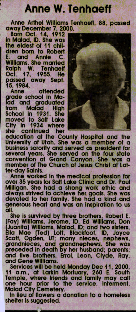 Anne Arthel Williams Tenhaeff obit