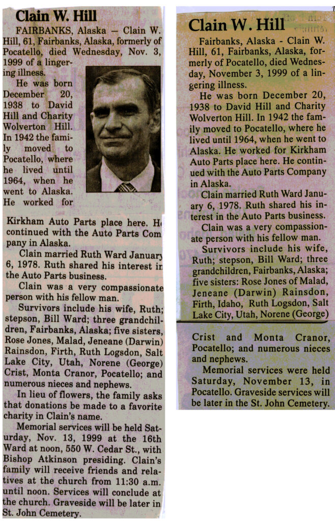 Clain W Hill obit