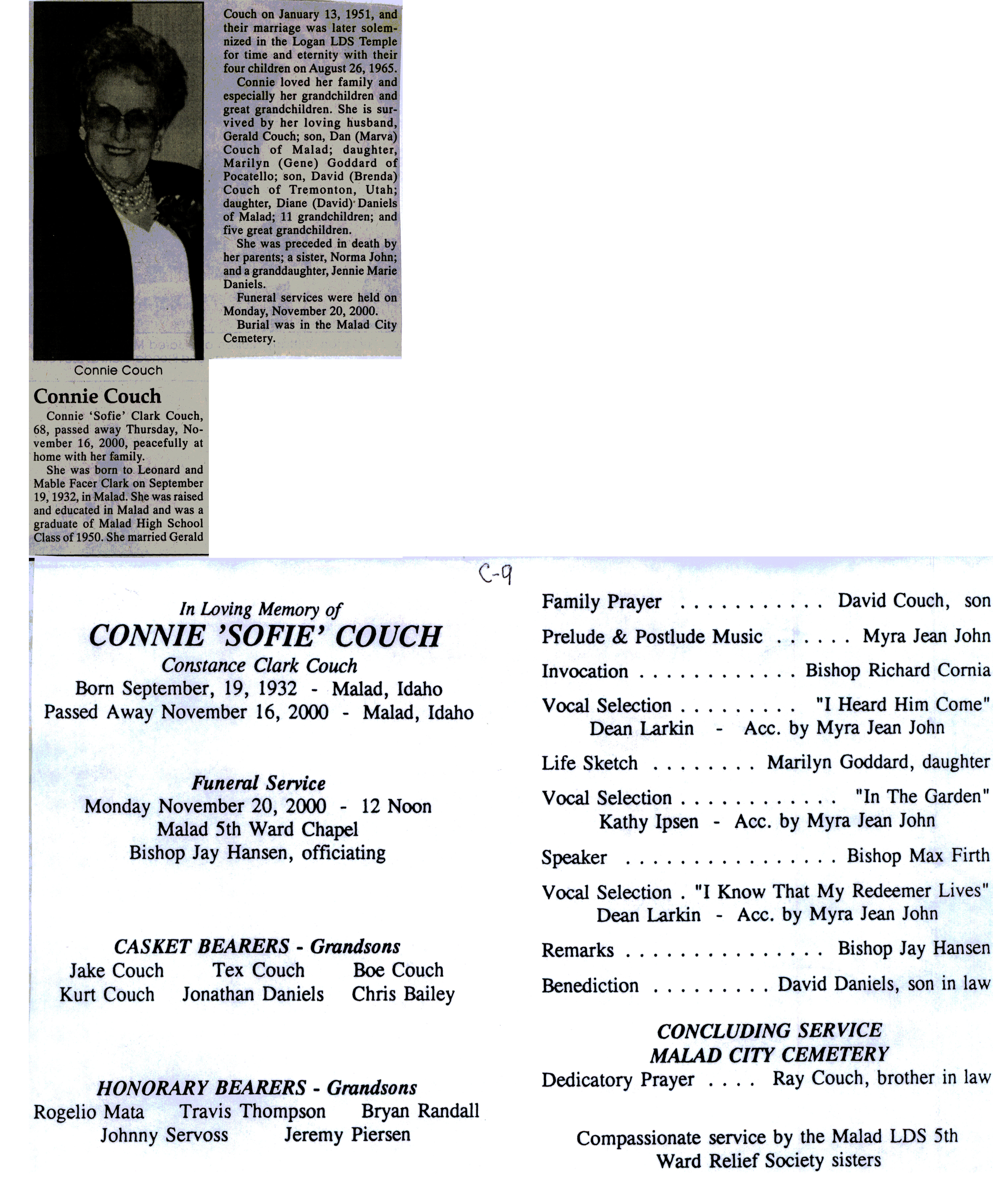 Connie (Sofie) Clark Couch obit and program