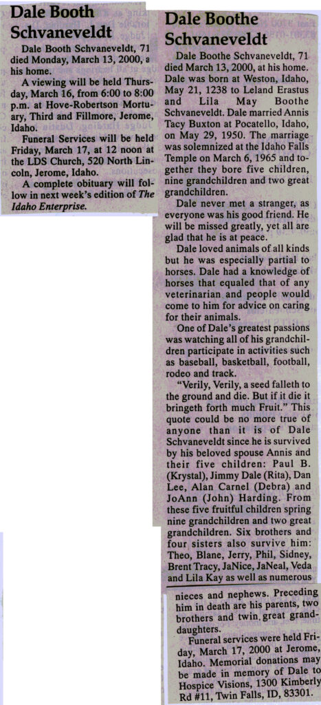 Dale Booth Schvneveldt obit