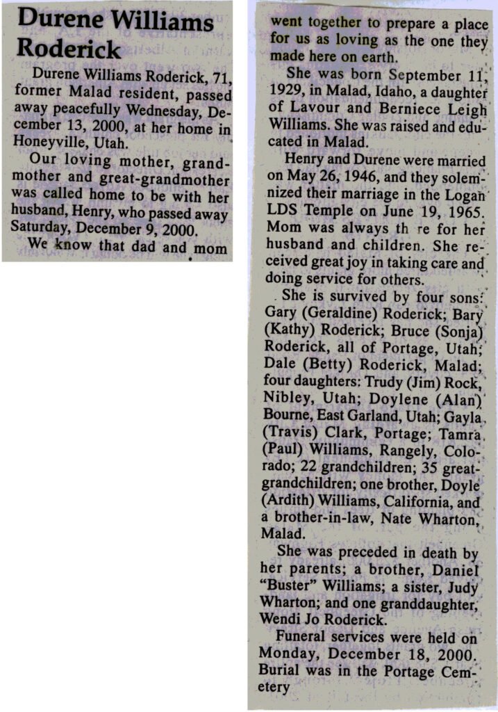 Durene Williams Roderick obit