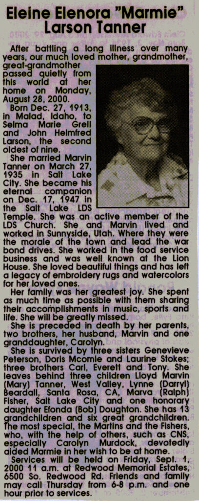 Eleine Elenora (Marmie) LarsonTanner obit