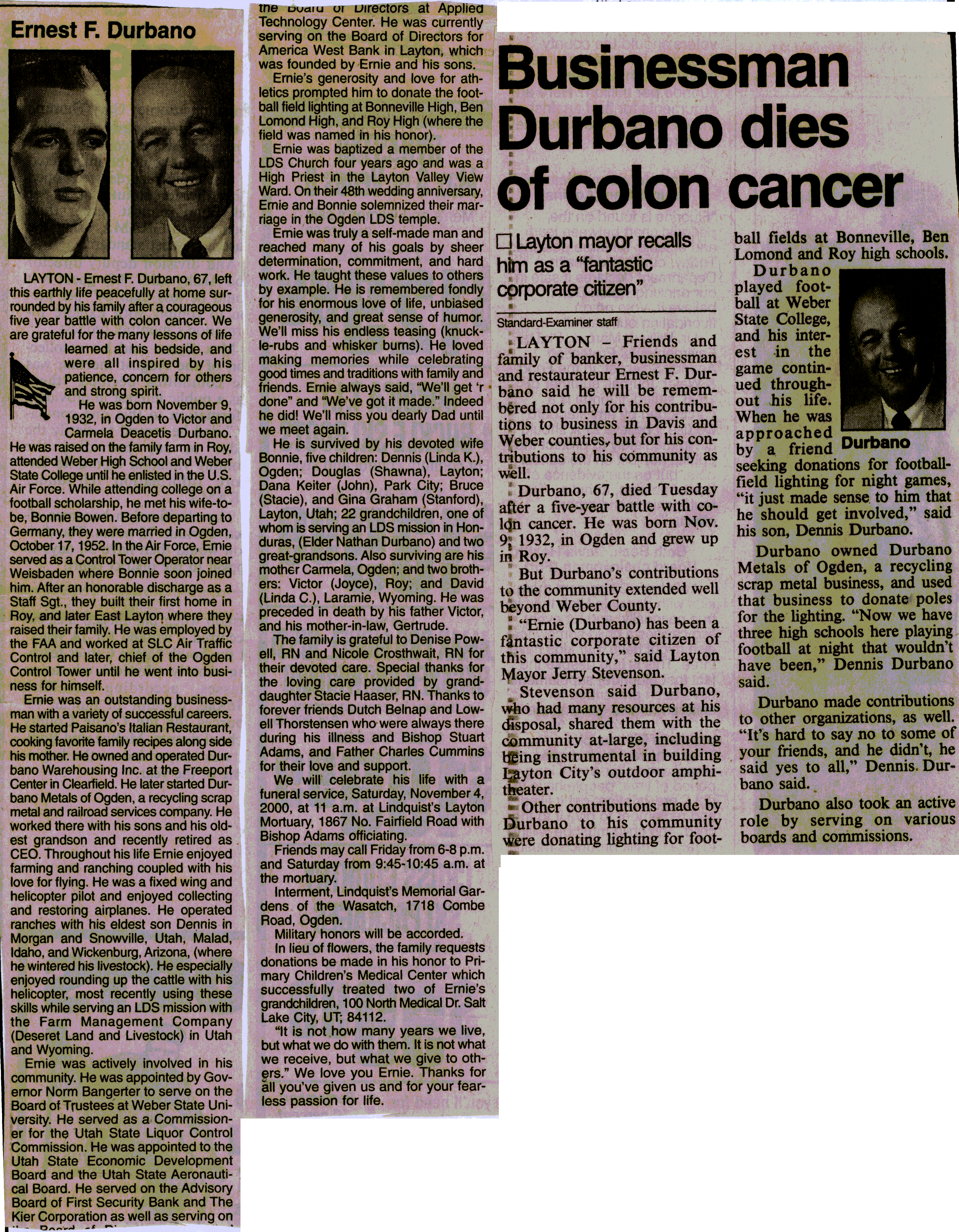 Ernest F Durbano obit