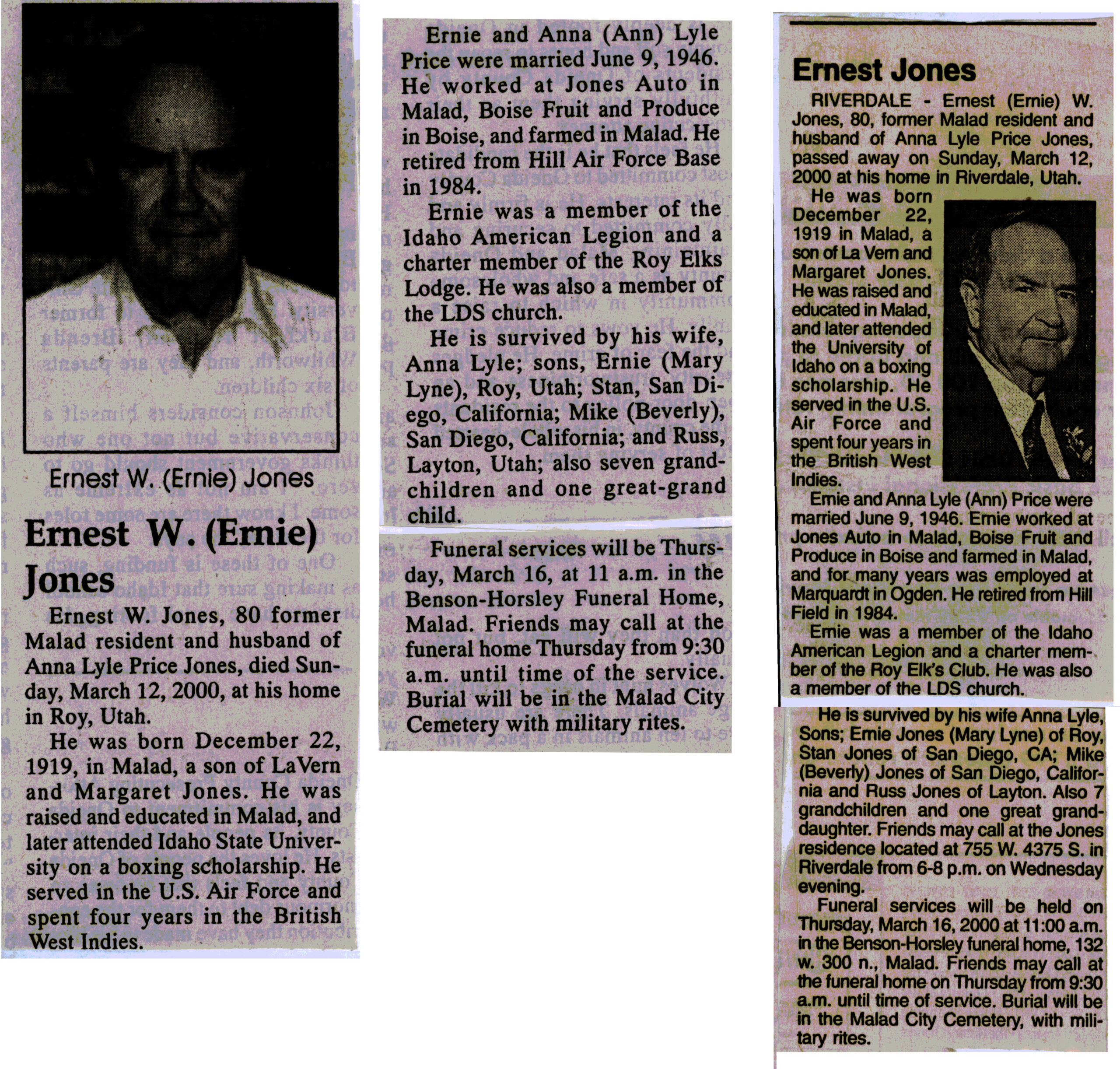 Ernest W (Ernie) Jones obit