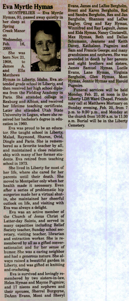 Eva Myrtle Hymas obit