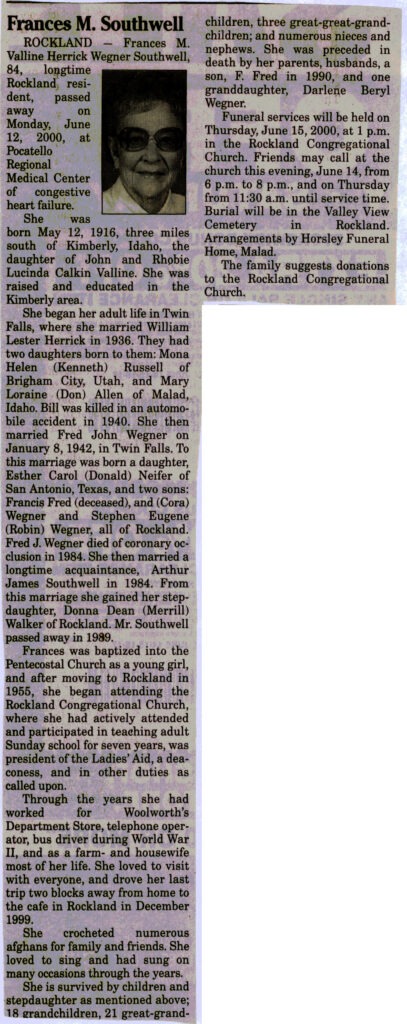 Frances M Valline Herrick Wegner Southwell obit