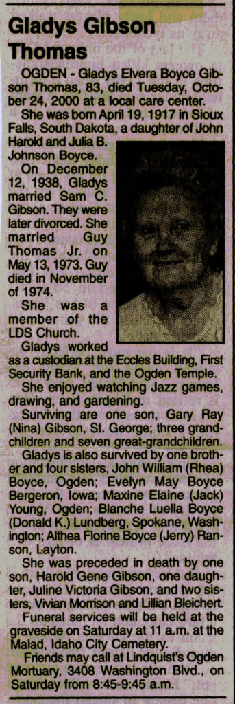 Gladys Elvera Boyce Gibson Thomas obit