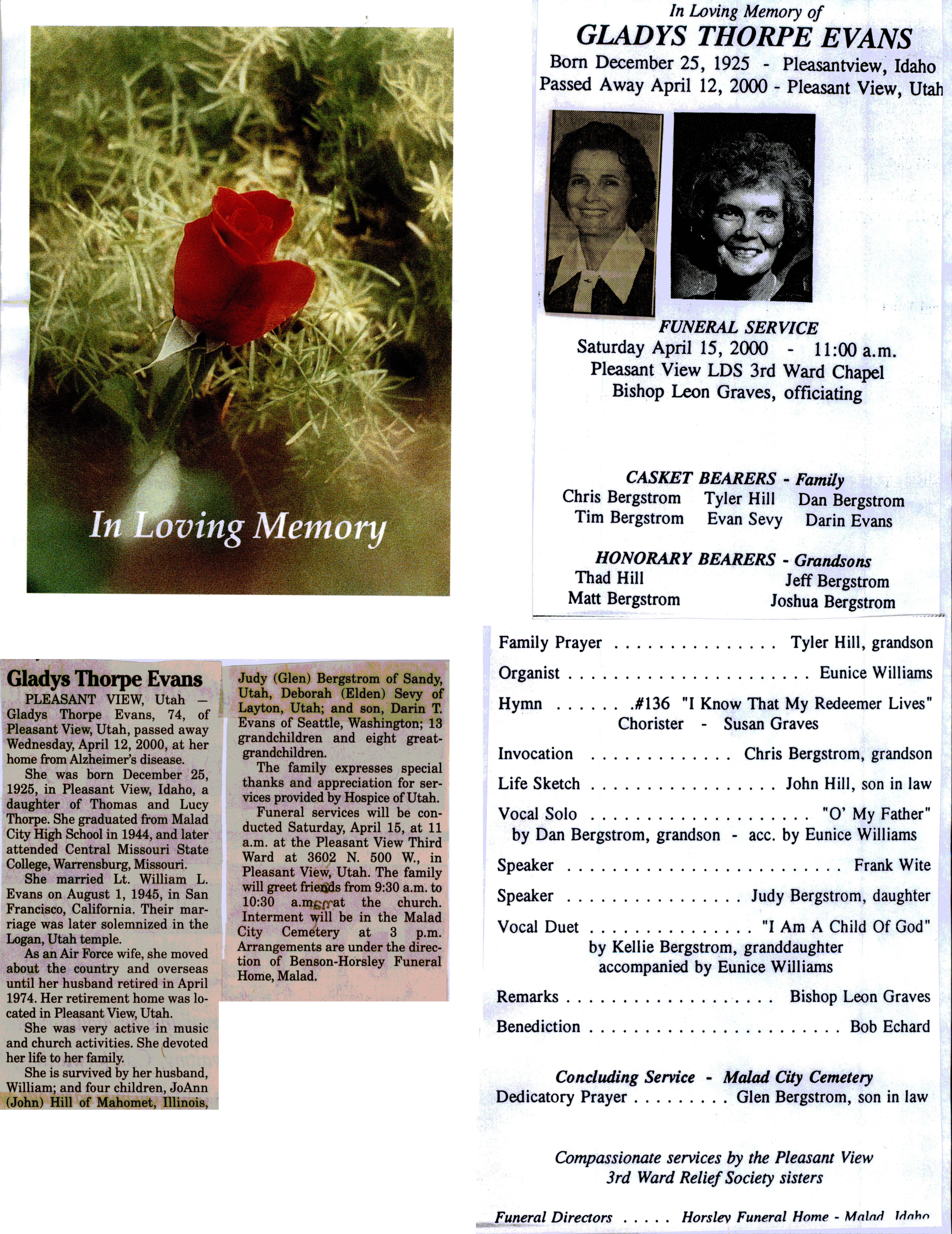 Glayds Thorpe Evans obit and program