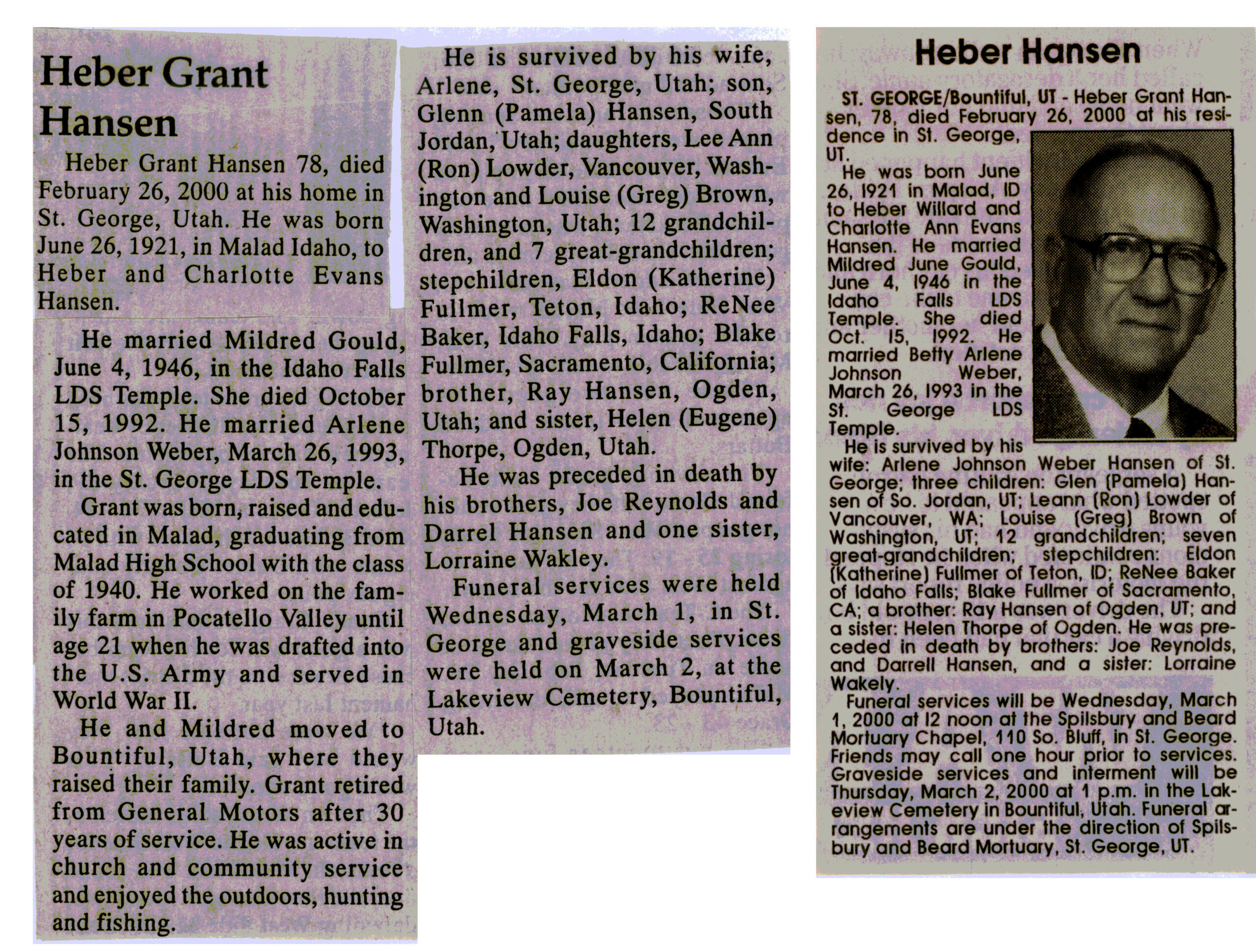 Heber Grant Hansen obit