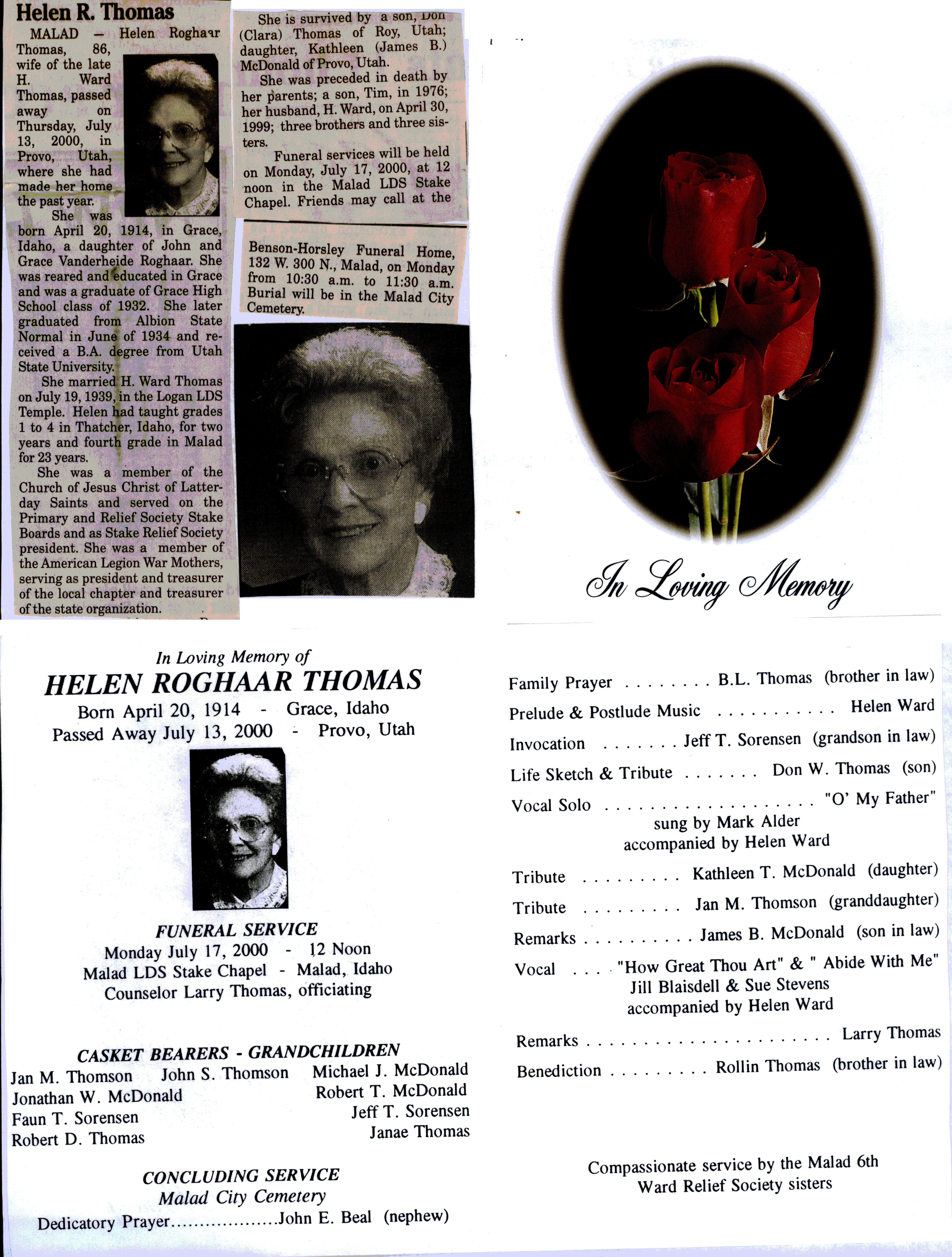 Helen Roghaar Thomas obit and program