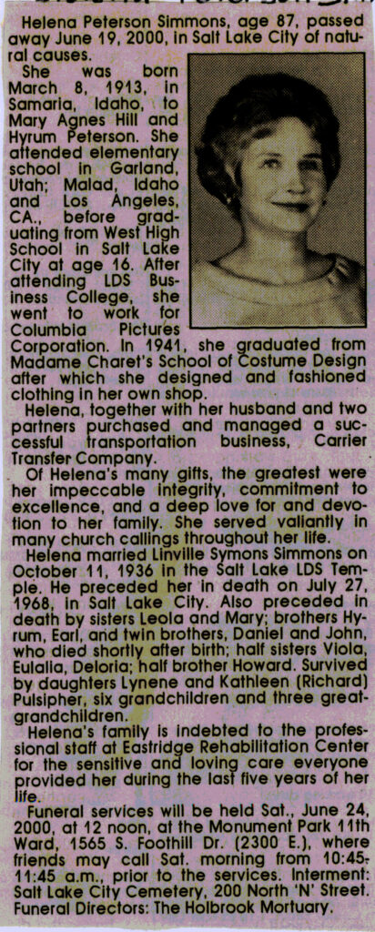 Helena Peterson Simmons obit