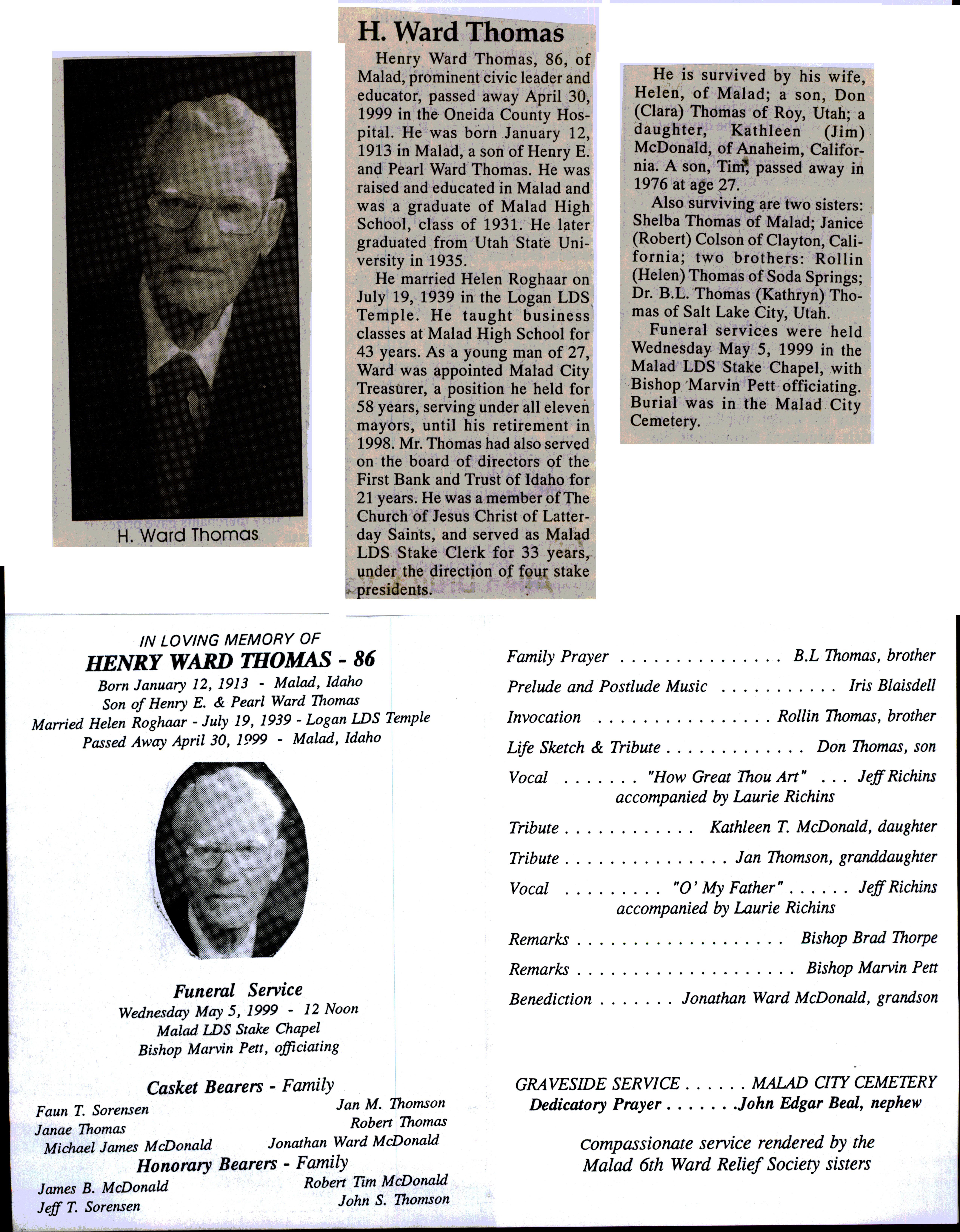 Henry Ward Thomas obit and program