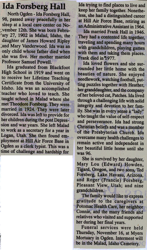 Ida Forsberg Hall obit