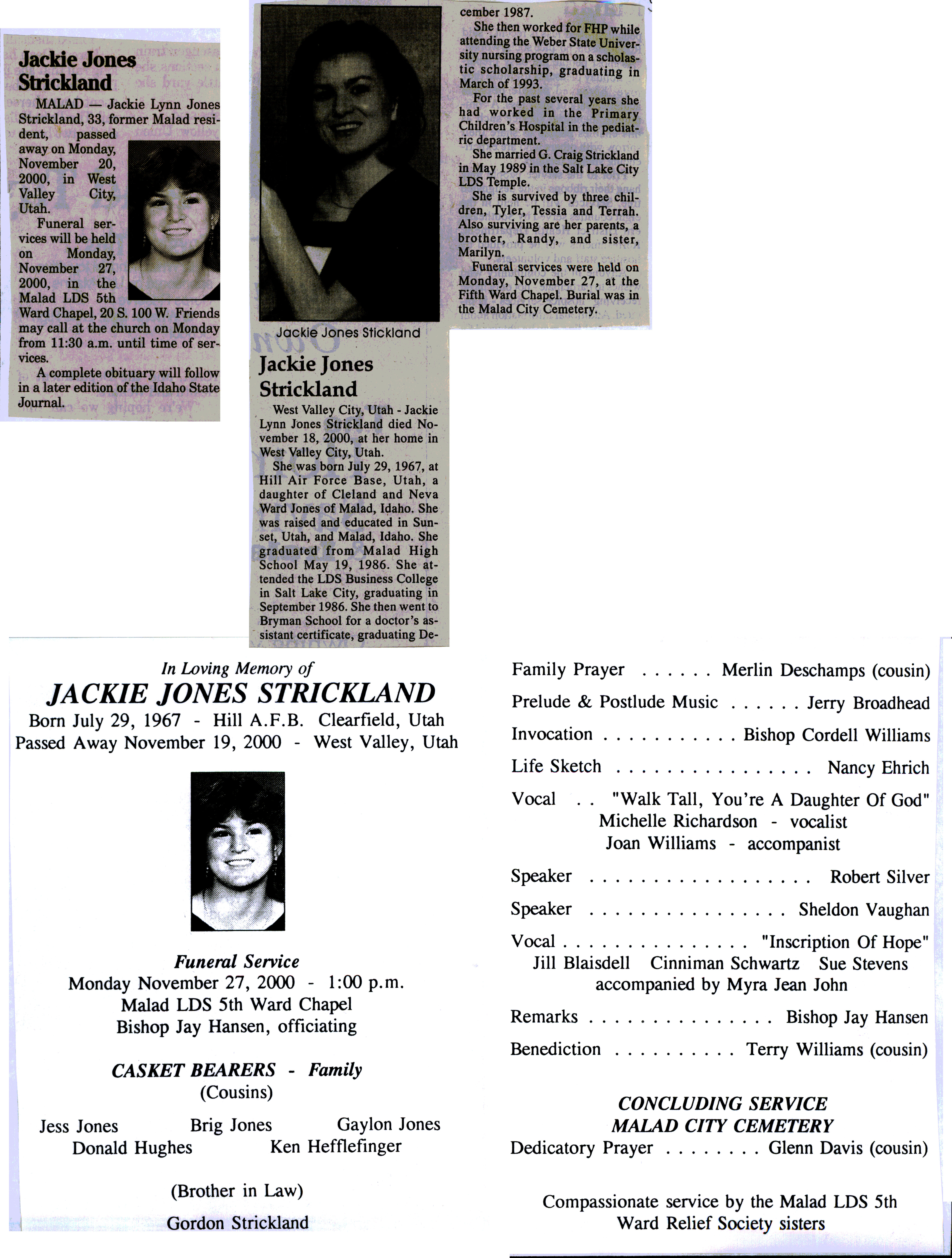 Jackie Jones Strickland obit and program