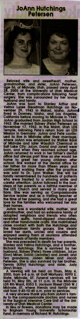JoAnn Hutchings Petersen obit