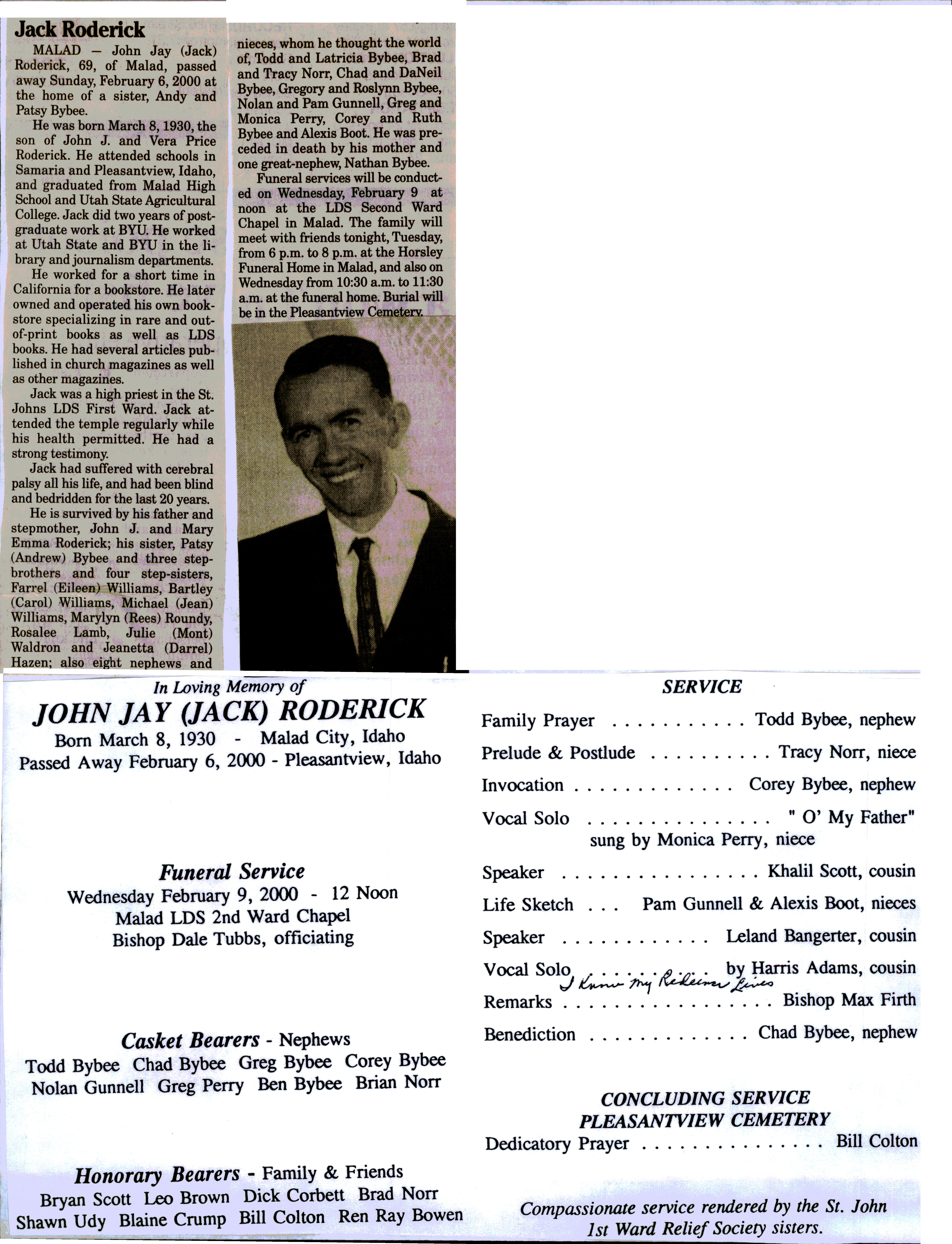John Jay (Jack) Roderick obit and program